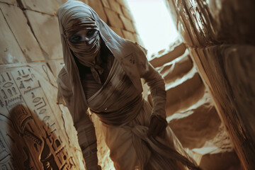 Undead Female Mummy Inside a Terrifying Pyramid for a Halloween Horror Scene