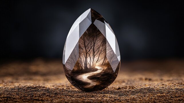 A smoky quartz gemstone with a misty forest and winding path, evoking a sense of tranquility and mystery