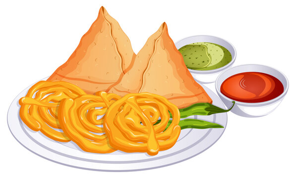 Jelabi and Samosas with Green & Red Chutneys - Popular Indian Street Food Art 