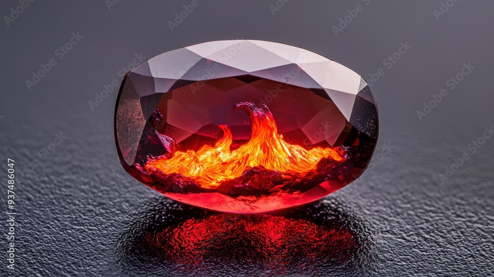 Wall mural A garnet gemstone with a dramatic volcanic eruption and fiery lava, symbolizing power and intensity