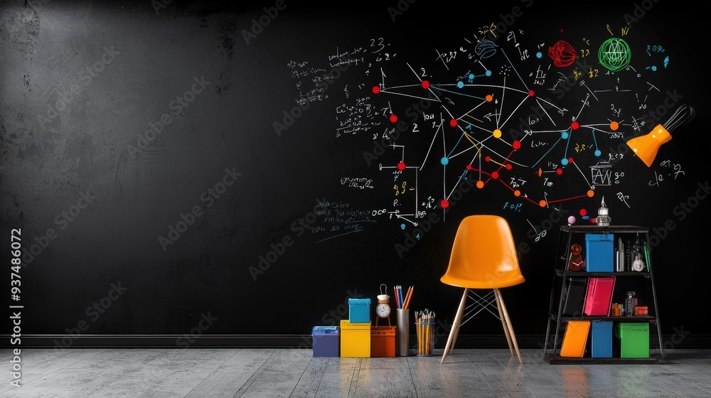 Poster blackboard with hand-drawn mathematical graphs and coordinate planes