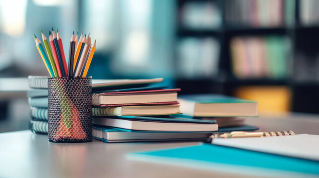A close-up of a school desk with a stack of textbooks, pencils, and a notebook.