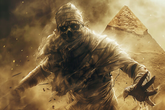 Monster Mummy Covered in Bandages in a Spooky Egyptian Pyramid Scene