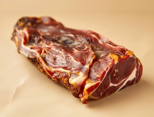 Fototapeta premium Sliced Jamon Iberico on Light Beige Background, Still Life, Sunlit Photo