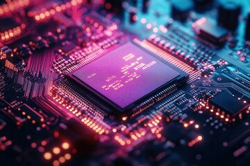 Fototapeta premium Exploring the Intricate Patterns of a Vibrant Electronic Circuit Board Under Colorful Lights