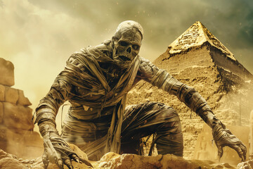 Monster Mummy in a Pyramid Background for a Terrifying Halloween Scene
