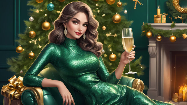 A charming lady in a green snakeskin dress holds a glass of champagne in her hand. The girl is sitting in a new year's atmosphere