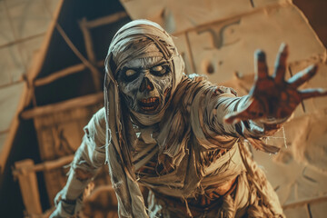 Undead Mummy Inside a Dark Egyptian Tomb for a Scary Halloween Horror Scene