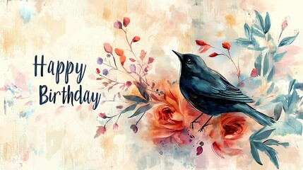 A beautiful watercolor illustration featuring a bird surrounded by floral details, perfect for birthday celebrations.