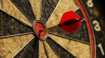 Bullseye achievement! A red dart strikes the center of a target, symbolizing precision and success. In business, this accuracy represents targeting goals and hitting the mark.