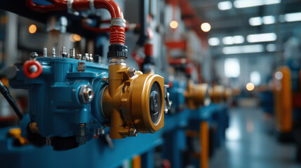 Fototapeta premium Detailed view of a mechanical component in a modern industrial factory setting, showcasing precision engineering and manufacturing.