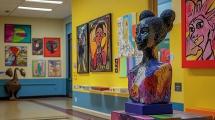 A school art display with colorful paintings, sculptures, and a sign highlighting student work.