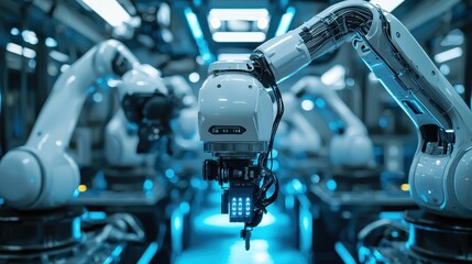 Fototapeta premium Robotic Arm in Futuristic Factory: Automation and Innovation