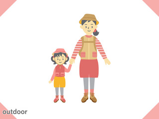 アウトドアやキャンプを楽しむ家族のイラスト、お母さんと子供