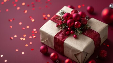 A beautifully wrapped gift box decorated with red embellishments and surrounded by festive ornaments and glitter, set on a rich red background during the holiday season