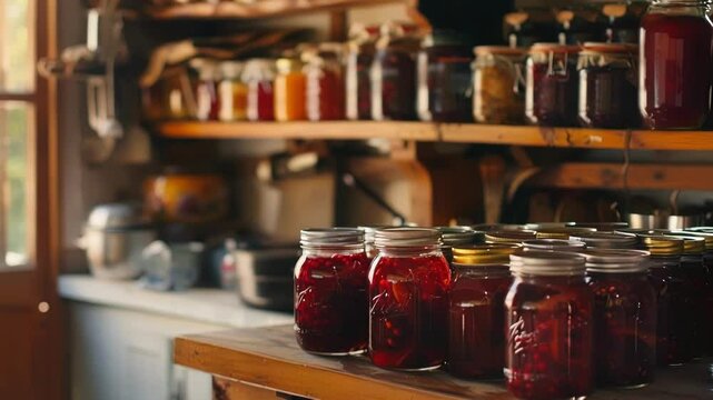 Glass jars filled with colorful homemade preserves are sitting on a rustic wooden countertop with more jars on a shelf in the background