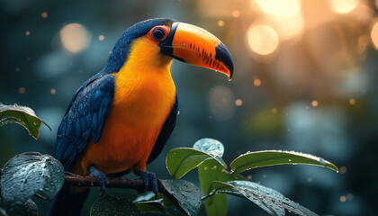 Bright and colorful toucan perched on a tree in its natural habitat. The professional photo captures the vivid plumage of the toucan and the lush, vibrant surroundings, showcasing the bird 