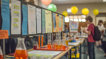 A school science fair setup with display boards, experiments, and students presenting their work.