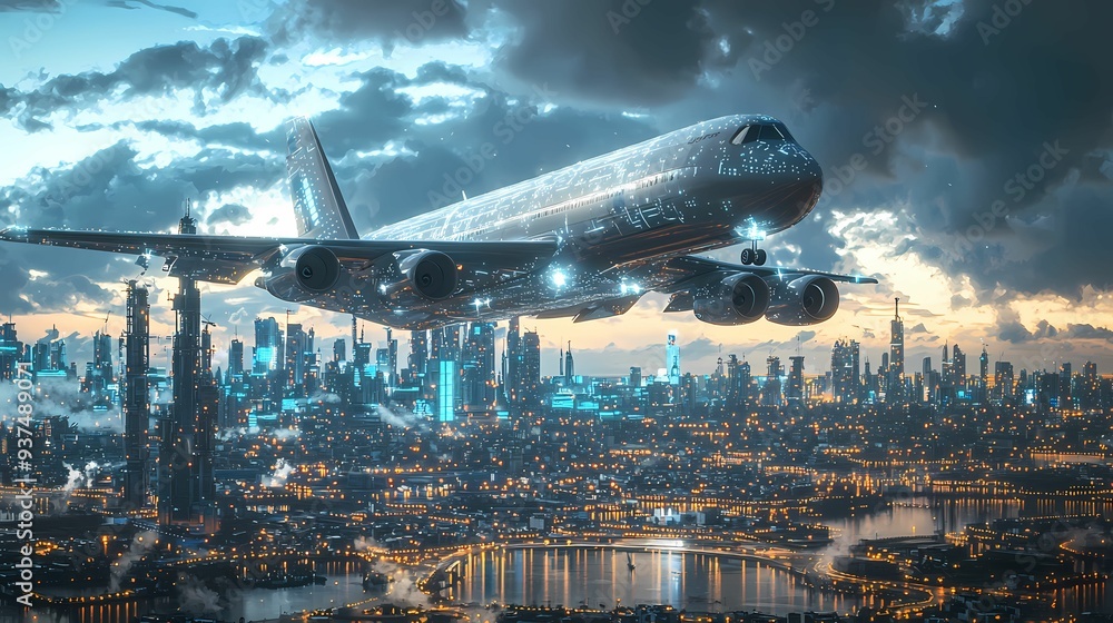 Wall mural A stunning airplane soaring over a vibrant city skyline, captured in a breathtaking twilight atmosphere.