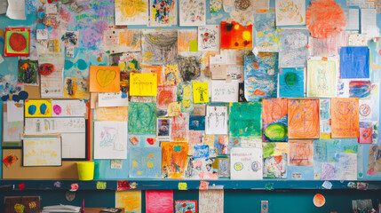 A vibrant school bulletin board, covered with student artwork, announcements, and colorful decorations.