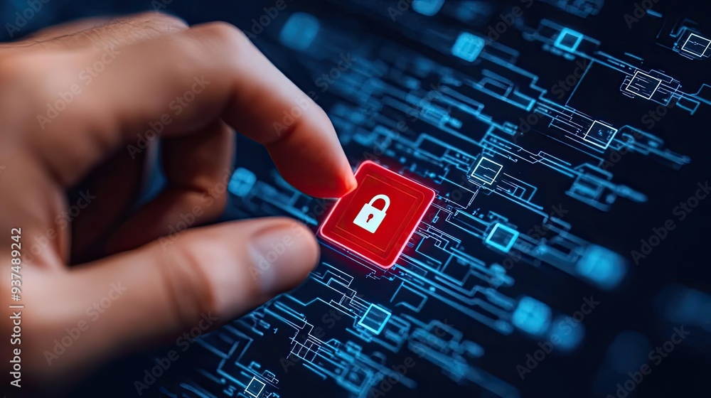Poster a close-up of a hand pressing a digital lock icon, representing cybersecurity and data protection in