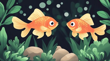 Fototapeta premium Goldfish, aquatic plants in background, flat design illustration