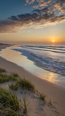 vertical wallpaper of rising sun over beach landscape, waves, sand and grass