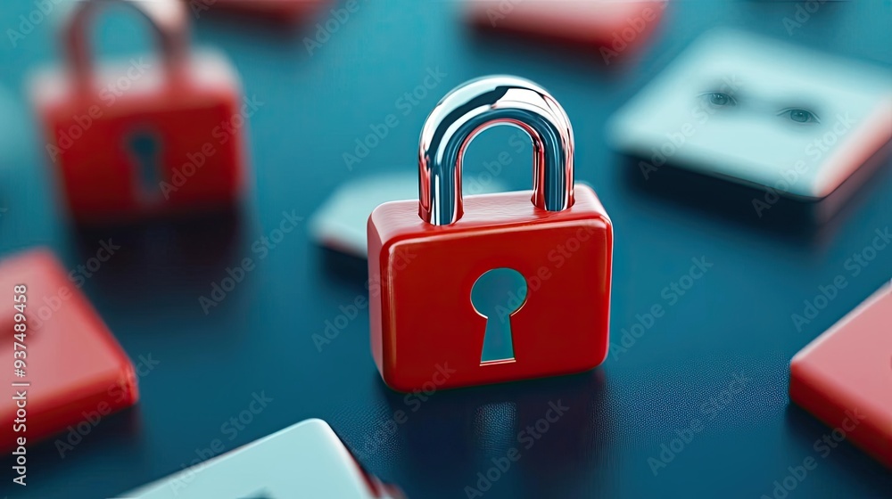 Poster a close-up of a red padlock on a dark surface, symbolizing security and protection against unauthori