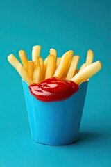 French Fries with Ketchup Cian Blue Background High Resolution
