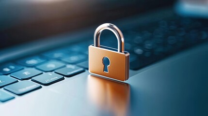 A close-up of a shiny padlock on a laptop keyboard, symbolizing digital security and online protection.