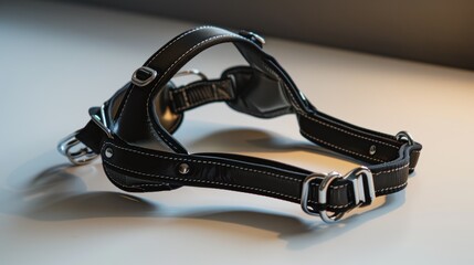 Black leather dog harness lying on a white table
