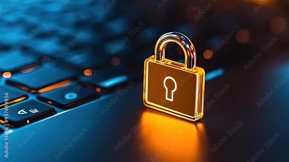 Poster a close-up view of a golden padlock on a laptop keyboard, symbolizing digital security and data prot