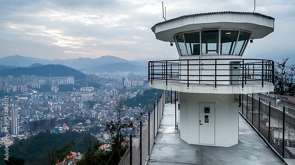 Poster watchtower structure with a panoramic view, overlooking a sprawling cityscape, emphasizing security 