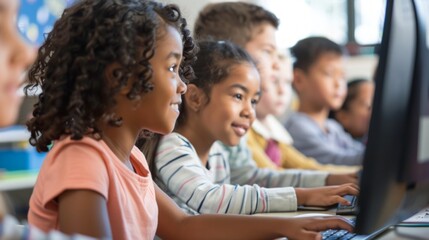Obraz premium School kids using computer in classroom at elementary school 