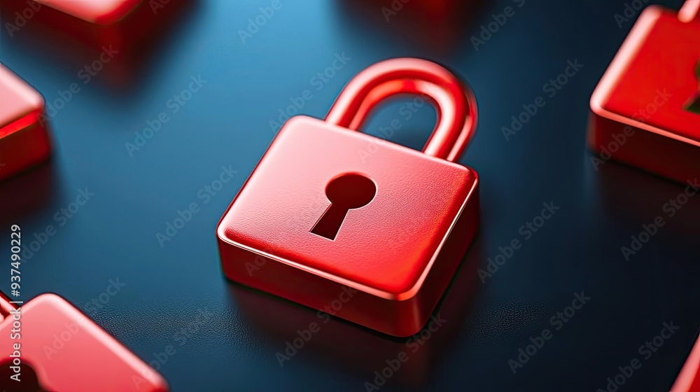 Poster a close-up view of shiny red padlocks symbolizing security, protection, and safety on a dark surface