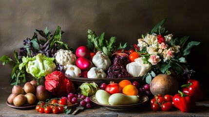 Still Life Arrangement of Colorful Fruits and Vegetables