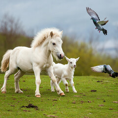 Obraz premium 夢中で遊んでいる仲良しのポニーの子供と子ヤギ