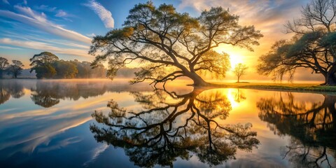 Fototapeta premium Misty dawn enfolds a serene lake beneath ancient oaks, warm light casting long shadows, a tranquil tapestry of textures and reflections beckoning contemplation.