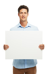 Mockup, banner and portrait of man in studio for news, announcement and information. Text space, promotion and isolated person with sign, poster and billboard for advertising on white background