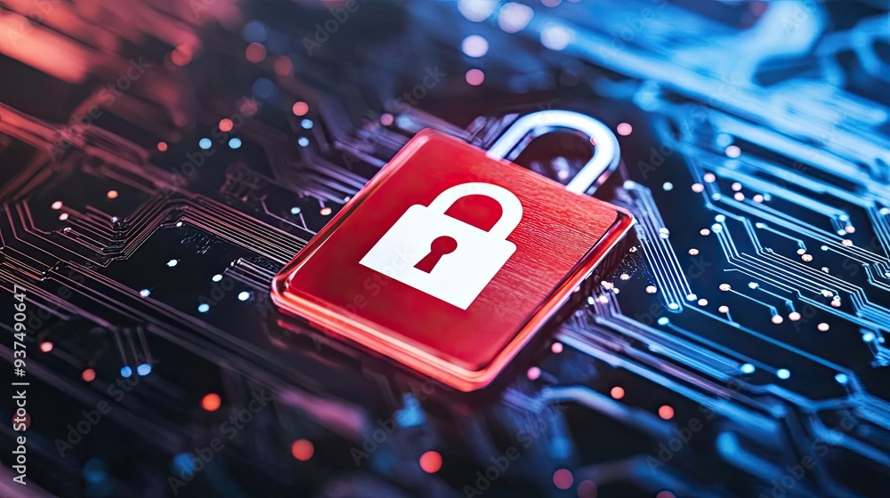 Poster a digital lock symbolizing cybersecurity on a modern circuit board, representing data protection and
