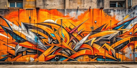 Cadmium orange street art mural fragment, featuring bold brushstrokes and abstract shapes against gritty urban concrete.