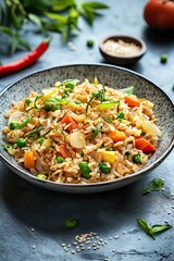 Fried Rice with Vegetables Cian Blue Background High Resolution