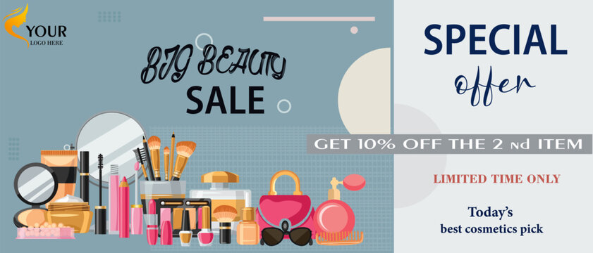 cosmetics sale. Beauty banner template.Big beauty sale cosmetics banner for shopping vector image.Sale promotion vector poster for makeup online store. Special offer text block.