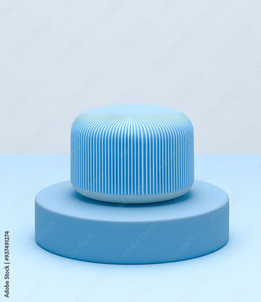 Sticker Blue Striped Cylinder on Blue Platform Abstract 3D Rendering