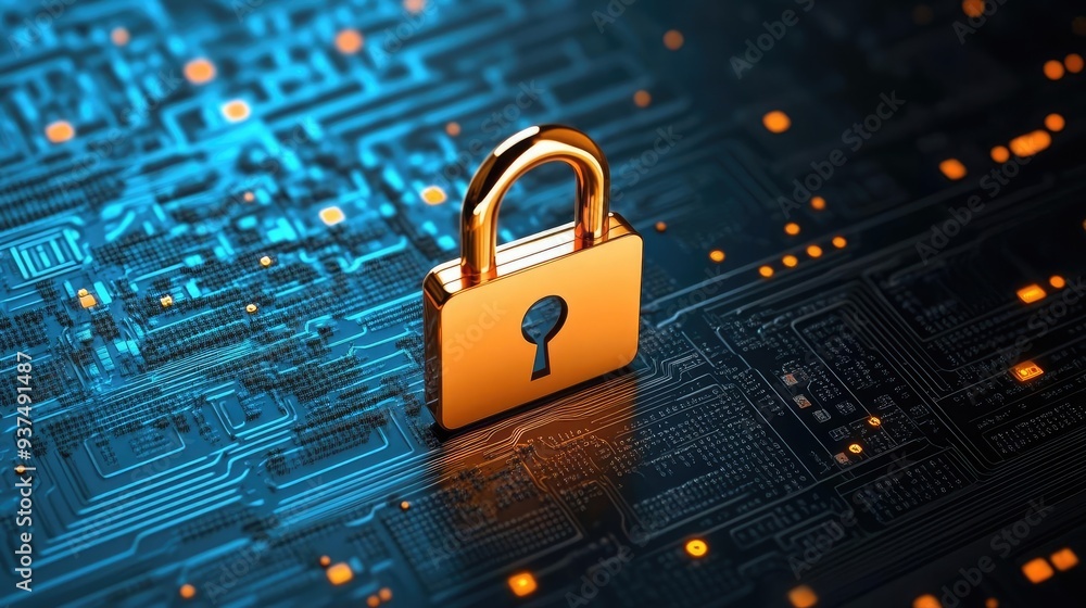 Poster a golden padlock on a blue digital background symbolizing data security and protection in the modern
