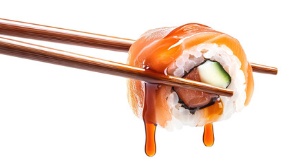 Delicious sushi roll with fresh ingredients, dripping soy sauce, held by chopsticks, cut out