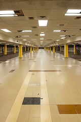 Empty Hallway with Tiled Floor and Yellow Pillars