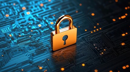 A golden padlock on a blue digital background symbolizing data security and protection in the modern tech age.