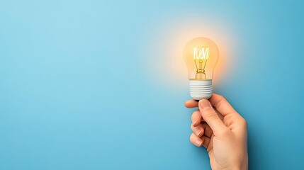 A hand holding a glowing light bulb against a blue background, symbolizing creativity and inspiration.