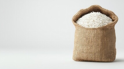 Fresh organic rice grains in a small sack, detailed texture, vibrant white, 3D illustration